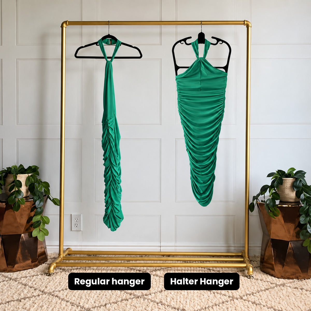 Before and after: green halter dress droops on a regular hanger, hangs full and smooth on the Halter Hanger