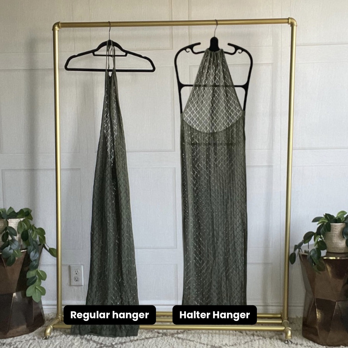 Before and after: olive knit halter dress on a regular hanger vs the Halter Hanger