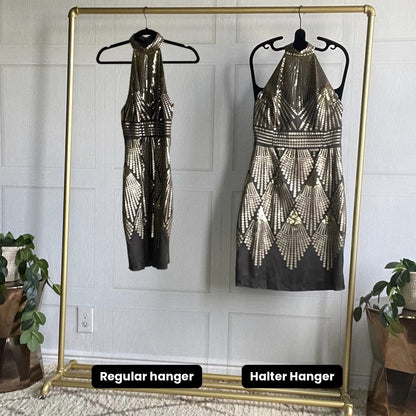 Before and after: high-neck halter dress on a regular hanger vs the Halter Hanger