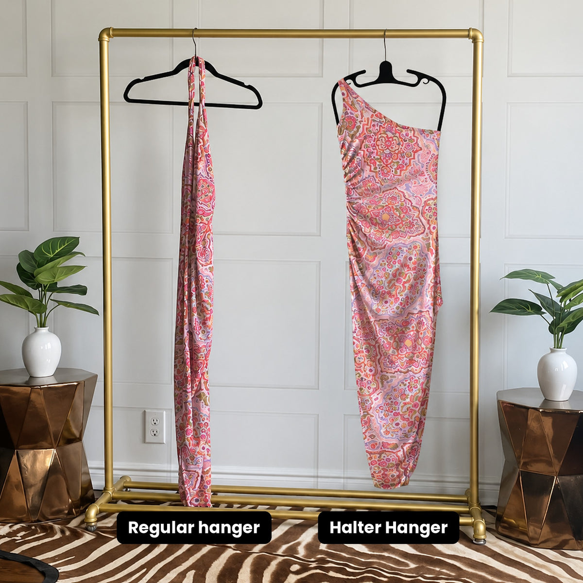 Before and after: pink one-shoulder dress on a regular hanger vs the Halter Hanger