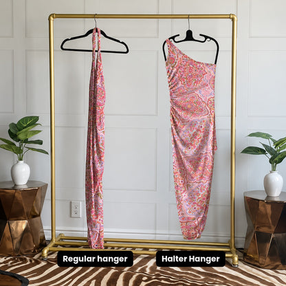 Before and after: pink one-shoulder dress on a regular hanger vs the Halter Hanger