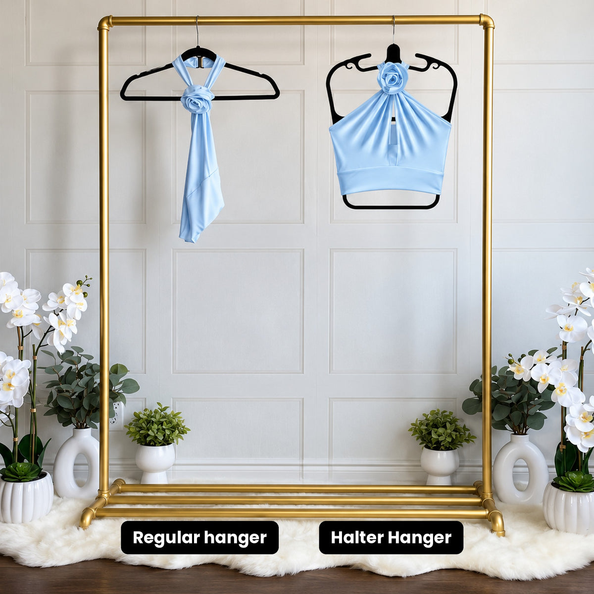 Before and after: rosette halter top on a regular hanger vs the Halter Hanger