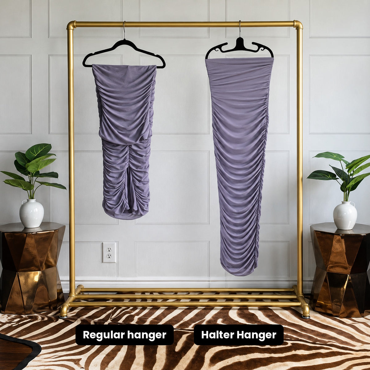 Before and after: strapless dress on a regular hanger vs the Halter Hanger