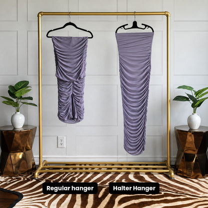 Before and after: strapless dress on a regular hanger vs the Halter Hanger