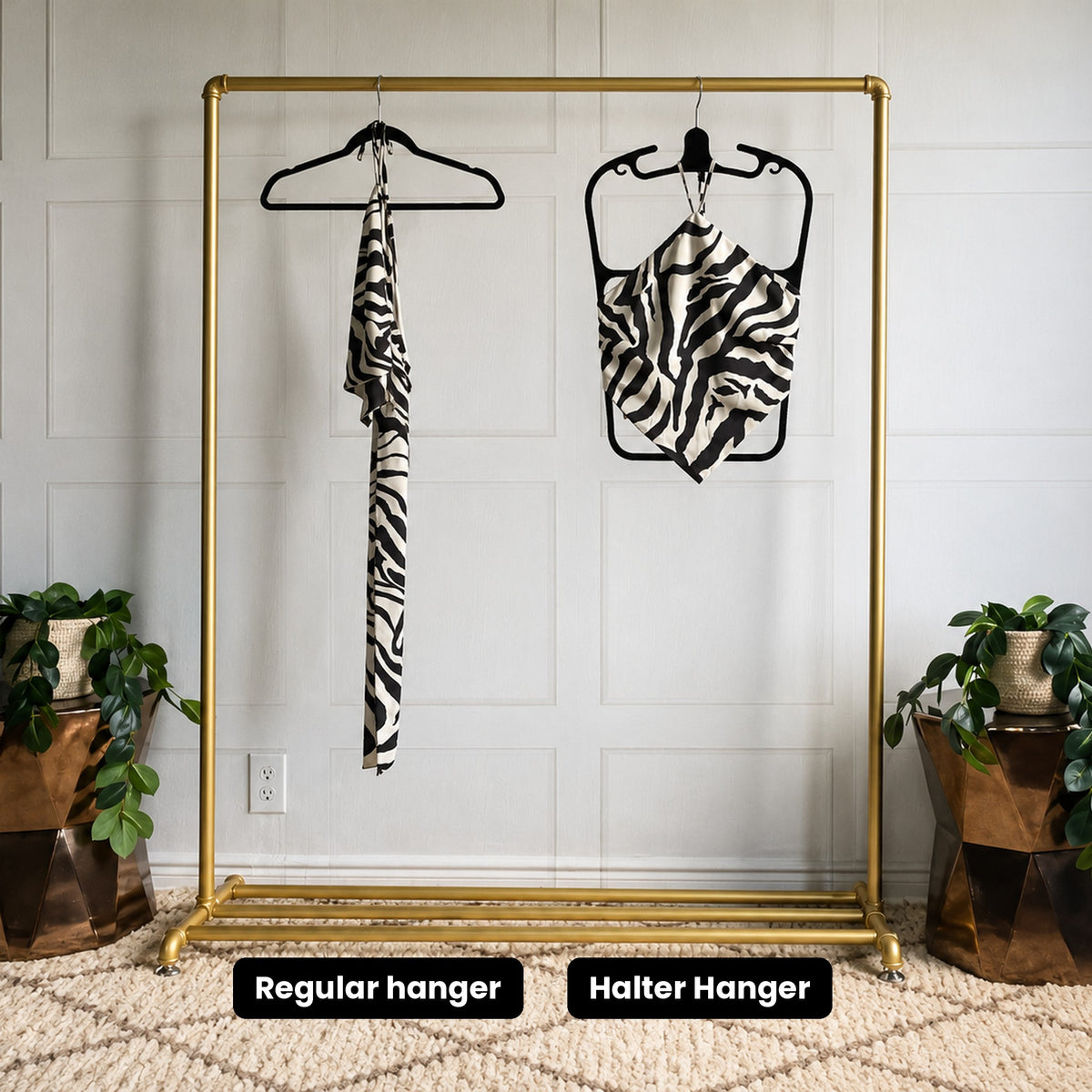 Before and after: zebra print halter top on a regular hanger vs the Halter Hanger