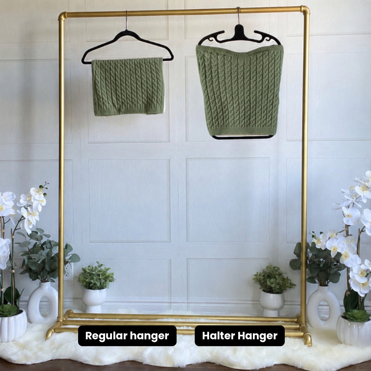 Before and after: knit tube top on a regular hanger vs the Halter Hanger
